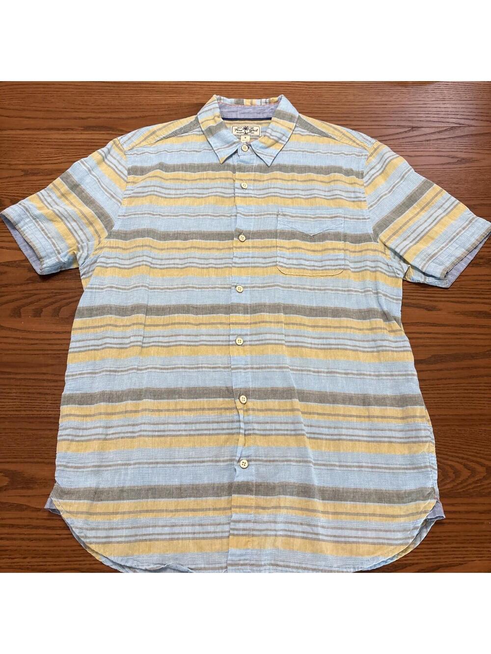 True Grit Men's Size M Short Sleeve Button Down Shirt Striped Blue Yellow Slub - Picture 2 of 9
